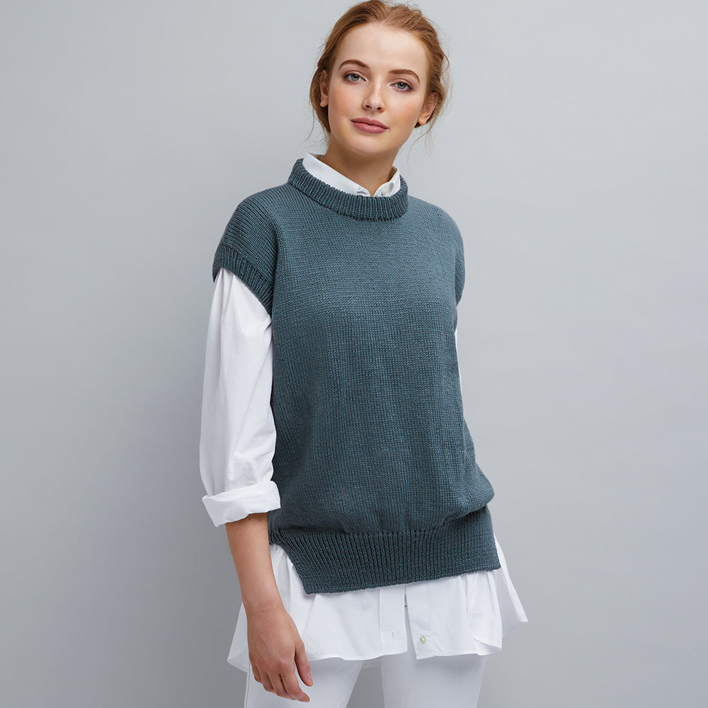 hand knitted vest with cap sleeves, thick collar and side slit