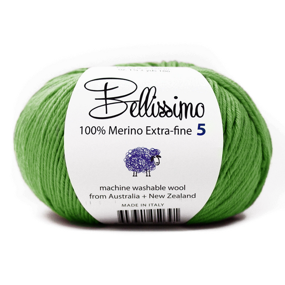 Bellissimo 5 extra fine merino wool yarn in a vibrant green.